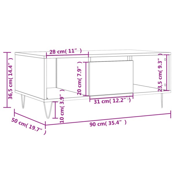 Mesa de centro madera contrachapada marrón roble 90x50x36,5 cm