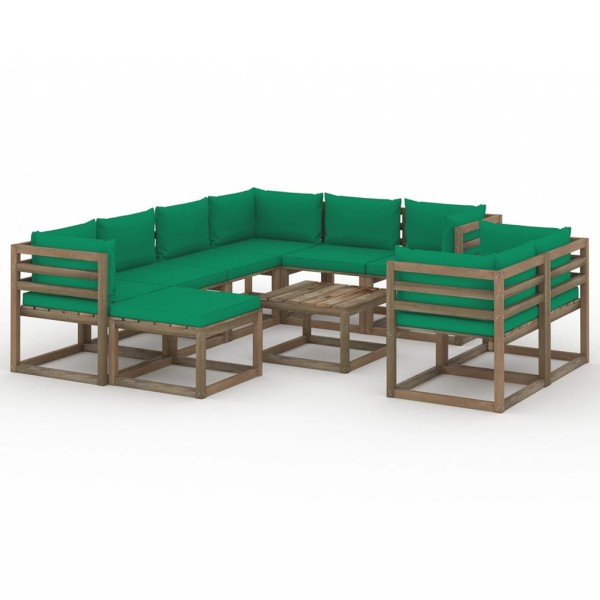 Juego de muebles de jardín 10 piezas con cojines verde