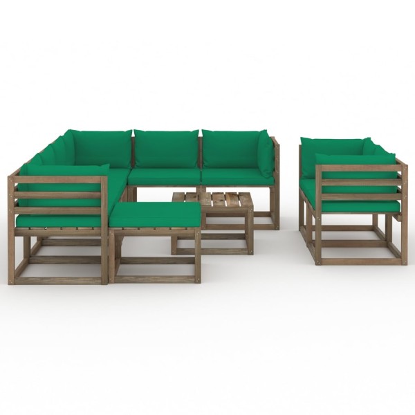 Juego de muebles de jardín 10 piezas con cojines verde