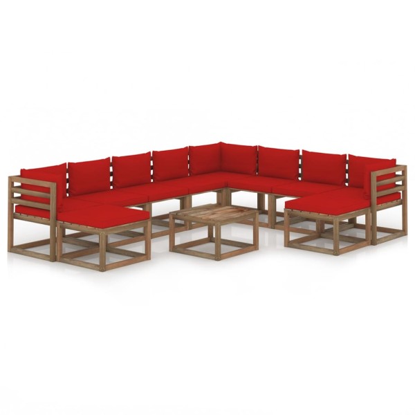 Juego de muebles de jardín 11 piezas con cojines rojo