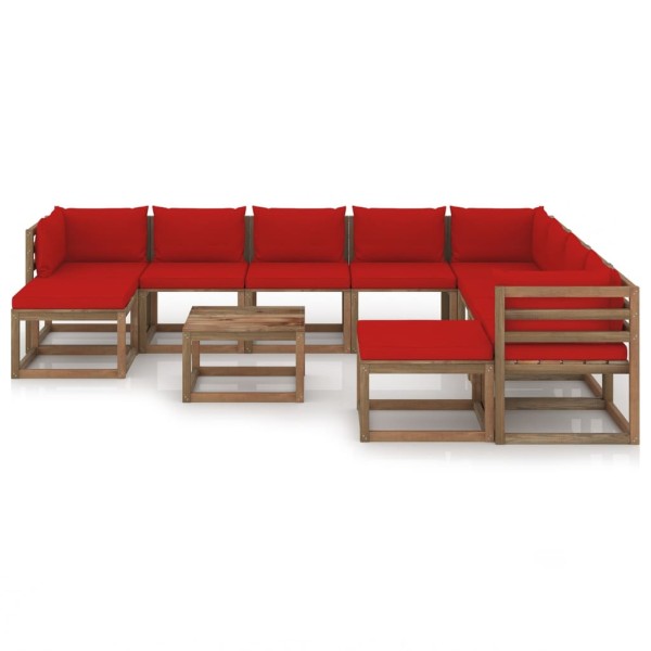 Juego de muebles de jardín 11 piezas con cojines rojo