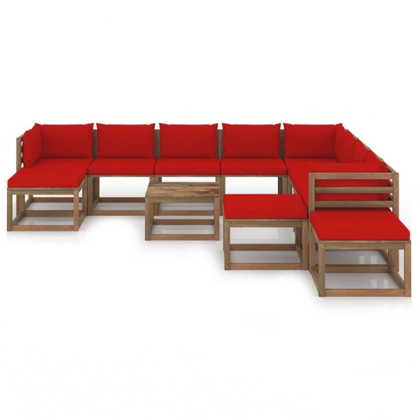 Juego de muebles de jardín 12 piezas con cojines rojo