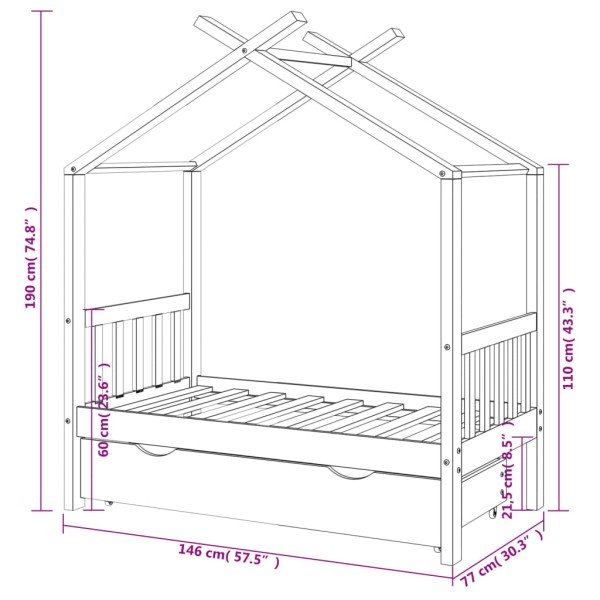 Estructura de cama infantil con cajón madera de pino 70x140 cm