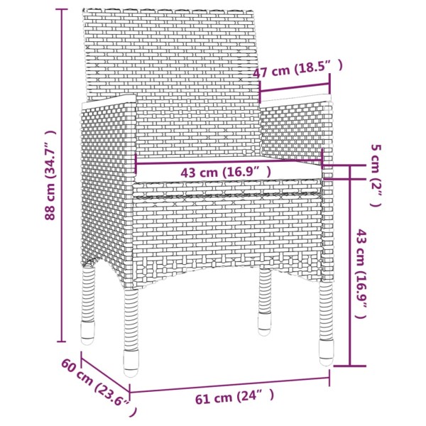 Set de comedor de jardín 3 pzas y cojines ratán sintético gris