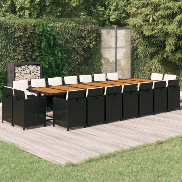 Set de comedor jardín 19 pzas con cojines ratán sintético negro