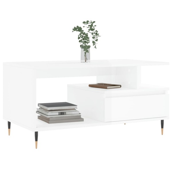 Mesa de centro madera contrachapada blanco brillo 90x49x45 cm