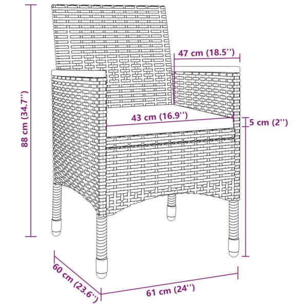 Set comedor de jardín 3 pzas y cojines ratán sintético y vidrio