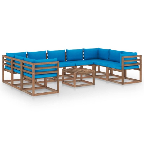 Set de muebles de jardín 10 piezas con cojines azul claro