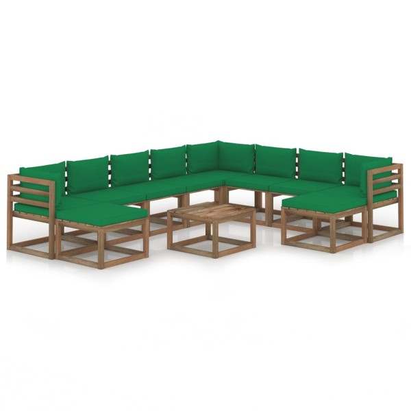 Juego de muebles de jardín 11 piezas con cojines verde