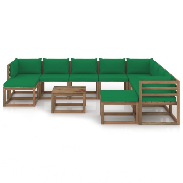 Juego de muebles de jardín 11 piezas con cojines verde