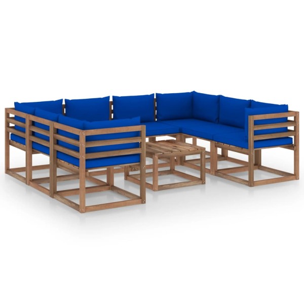 Juego de muebles de jardín 9 piezas con cojines azules