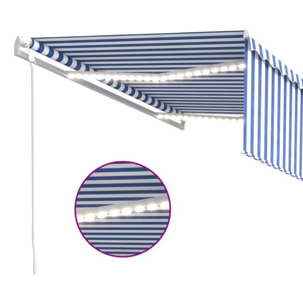 Toldo automático persiana LED sensor viento azul blanco 4,5x3 m