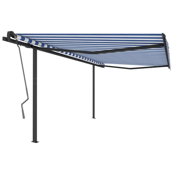 Toldo automático retráctil con postes azul y blanco 4x3 m