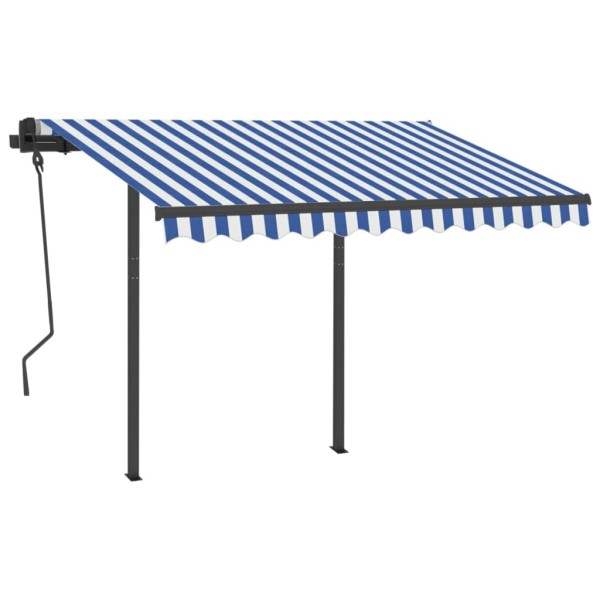 Toldo automático retráctil con postes azul y blanco 3x2,5 m