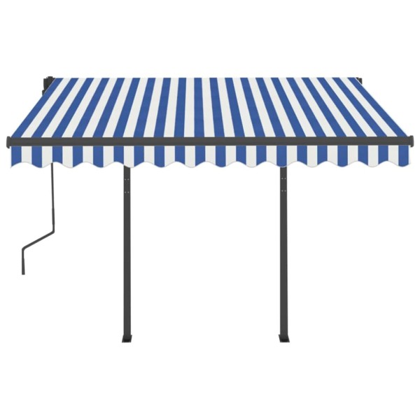 Toldo automático retráctil con postes azul y blanco 3x2,5 m