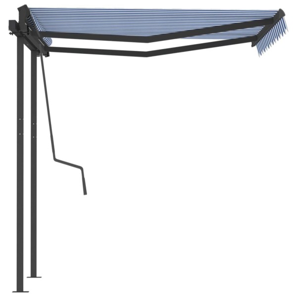 Toldo automático retráctil con postes azul y blanco 3x2,5 m