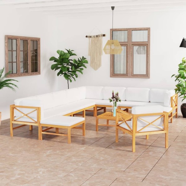 Set de muebles de jardín 12 pzas madera de teca y cojines crema