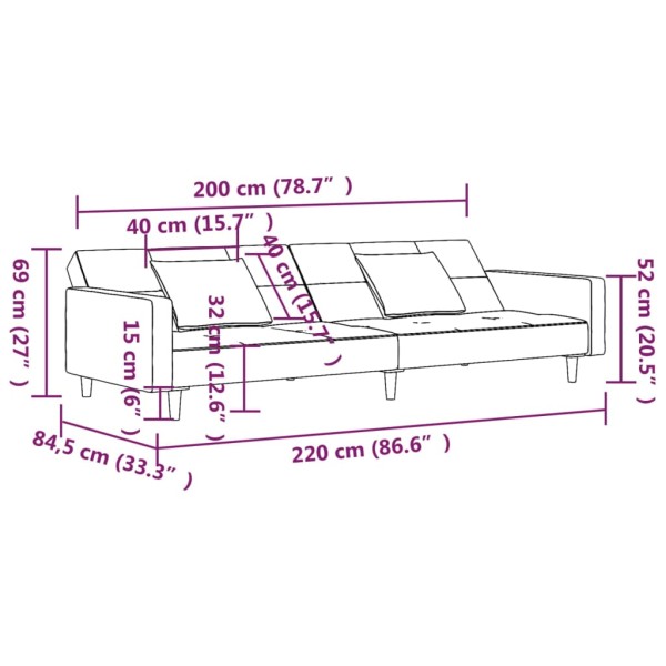 Sofá cama de 2 plazas con dos almohadas terciopelo gris claro