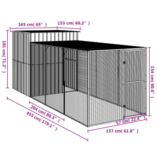 Gallinero con corral acero galvanizado gris 165x455x181 cm