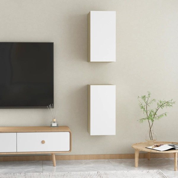 Mueble de TV 2 uds contrachapada blanco y roble 30,5x30x60 cm