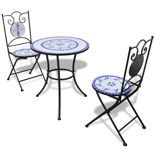 Set de mesa y sillas de jardín 3 pzas con mosaico azul y blanco