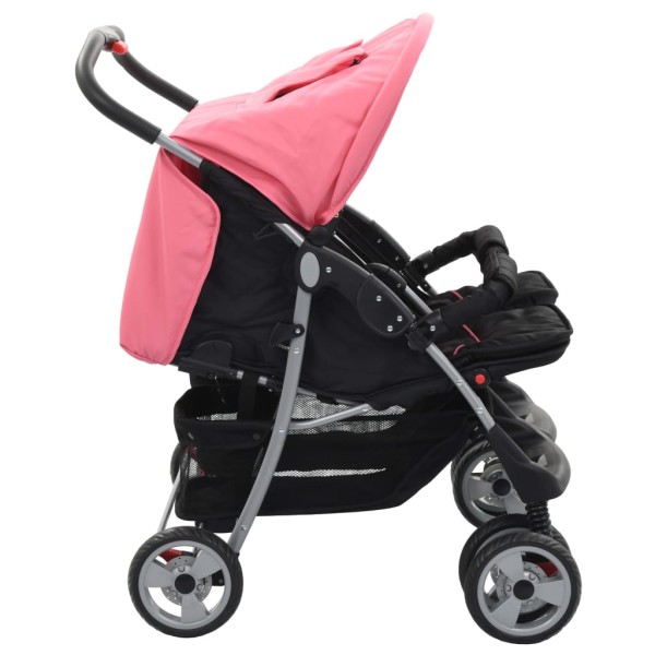 Silla de paseo para gemelos de acero rosa y negro