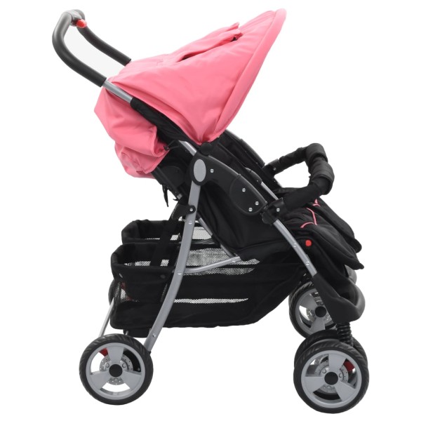 Silla de paseo para gemelos de acero rosa y negro