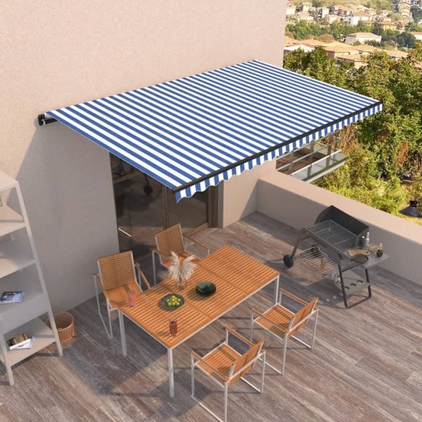 Toldo retráctil manual azul y blanco 500x350 cm