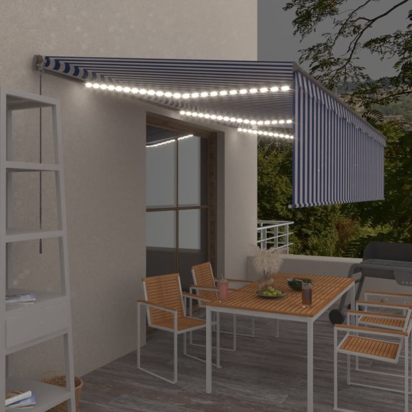 Toldo retráctil manual con persiana y LED azul y blanco 6x3 m