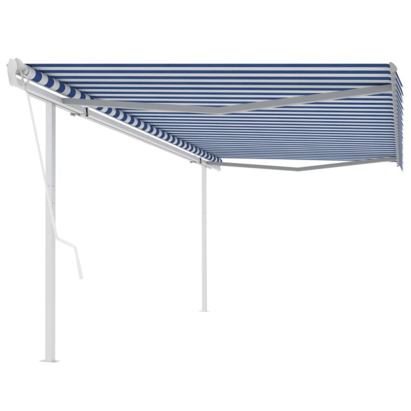 Toldo manual retráctil con postes azul y blanco 5x3 m