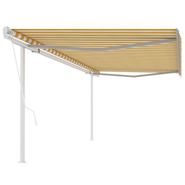 Toldo retráctil automático con postes amarillo y blanco 5x3,5 m