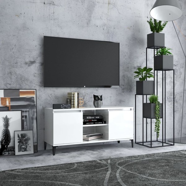 Mueble de TV con patas de metal blanco brillante 103,5x35x50 cm