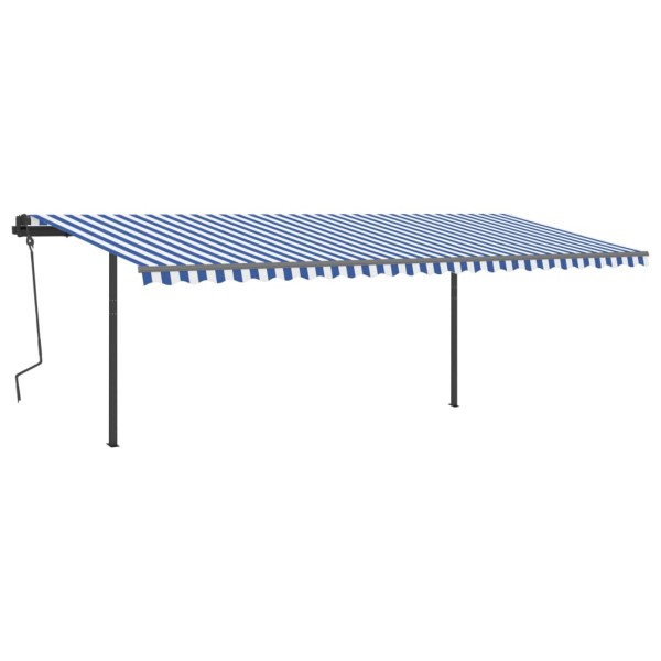 Toldo retráctil manual con postes azul y blanco 6x3,5 m