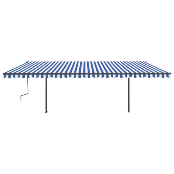 Toldo retráctil manual con postes azul y blanco 6x3,5 m