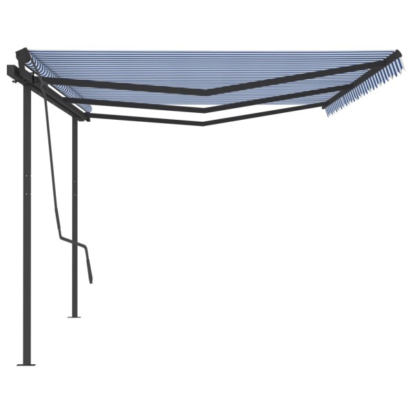 Toldo retráctil manual con postes azul y blanco 6x3,5 m