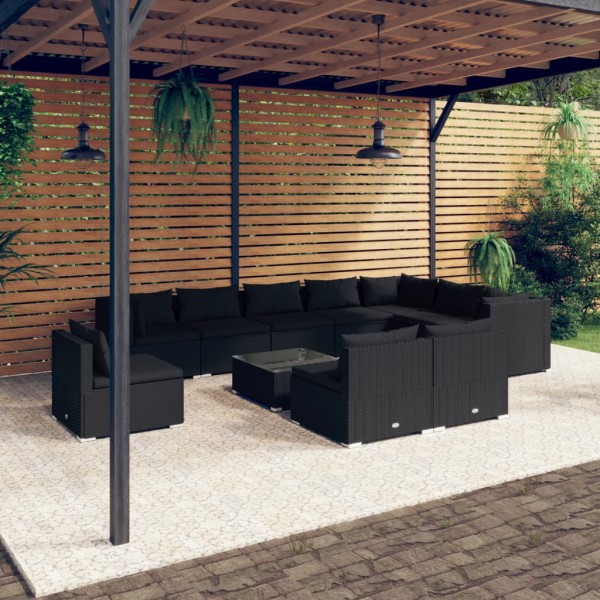 Set de muebles de jardín 11 pzs y cojines ratán sintético negro