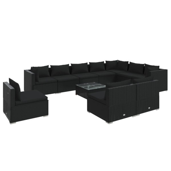 Set de muebles de jardín 11 pzs y cojines ratán sintético negro