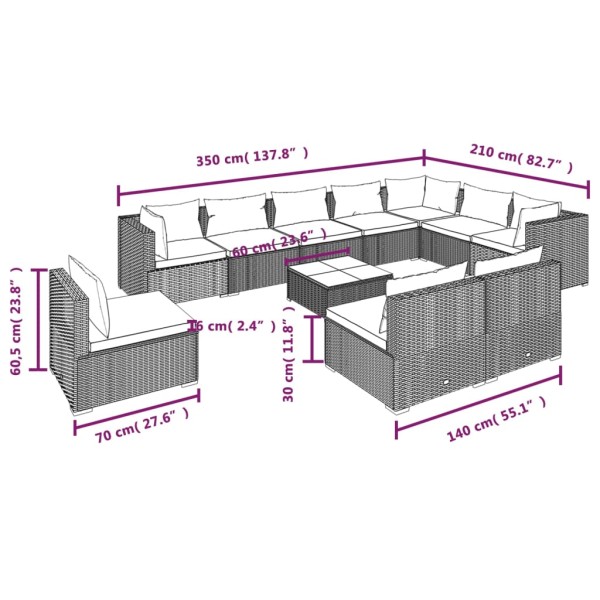 Set de muebles de jardín 11 pzs y cojines ratán sintético negro