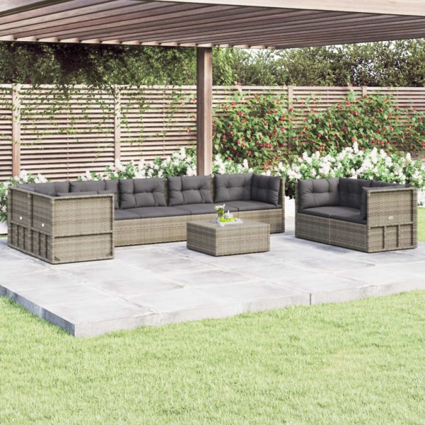 Set de muebles de jardín 8 pzas y cojines ratán sintético gris