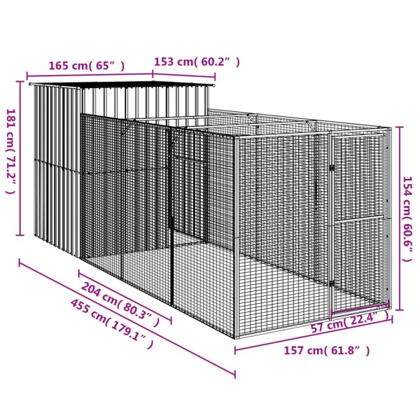 Caseta de perros con corral acero galvanizado 165x455x181 cm