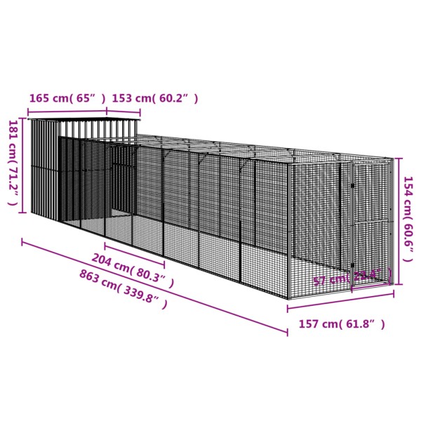 Caseta perros con corral acero galvanizado gris 165x863x181 cm