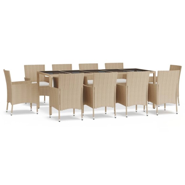 Set comedor de jardín 11 pzas con cojines ratán sintético beige