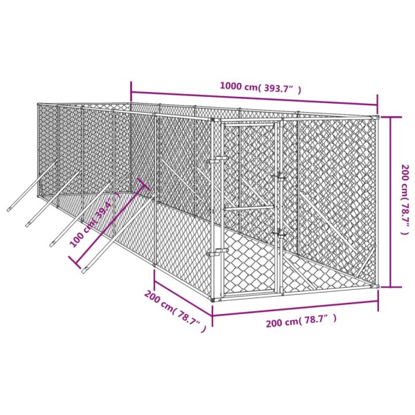 Perrera de exterior acero galvanizado plateado 2x10x2 m