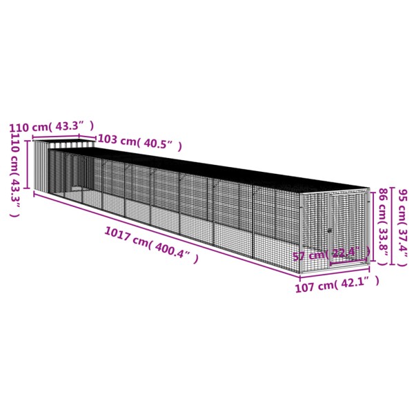 Gallinero con corral acero galvanizado gris 110x1017x110 cm