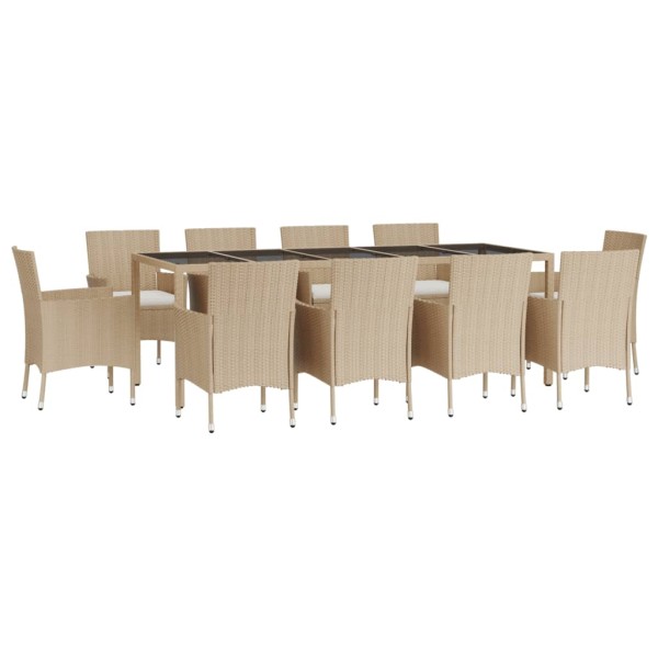 Set comedor de jardín 11 pzas con cojines ratán sintético beige