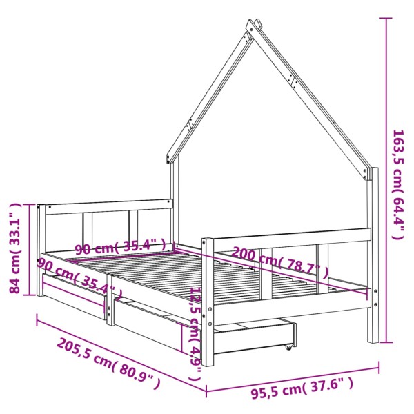 Estructura de cama para niños con cajones madera pino 90x200 cm