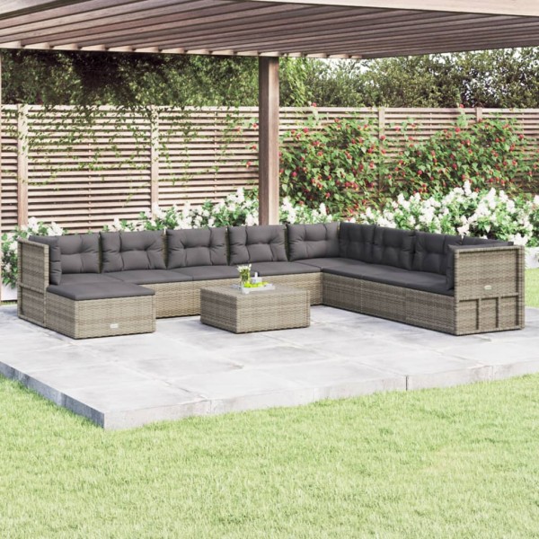 Set de muebles de jardín 9 pzas y cojines ratán sintético gris