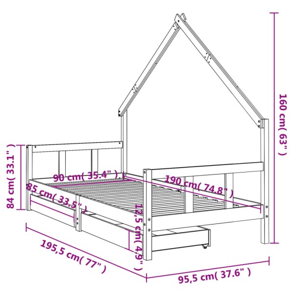 Estructura de cama infantil con cajones madera pino 90x190 cm