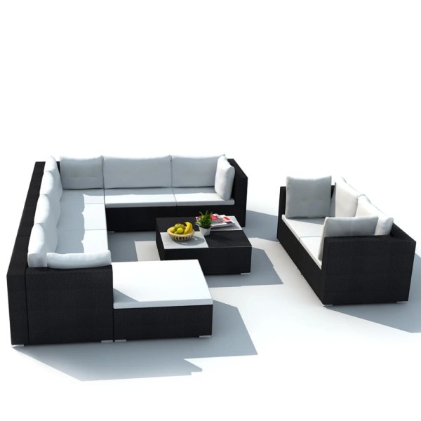 Set muebles de jardín 10 piezas y cojines ratán sintético negro