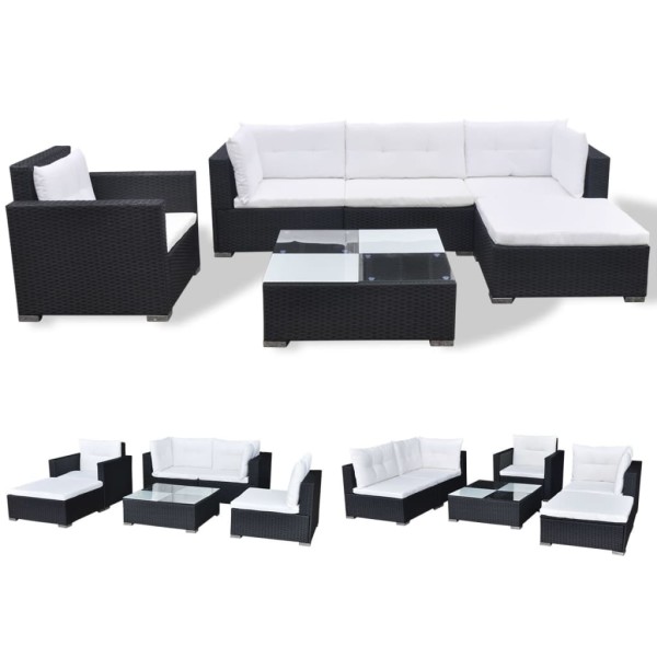 Set muebles de jardín 6 piezas y cojines ratán sintético negro